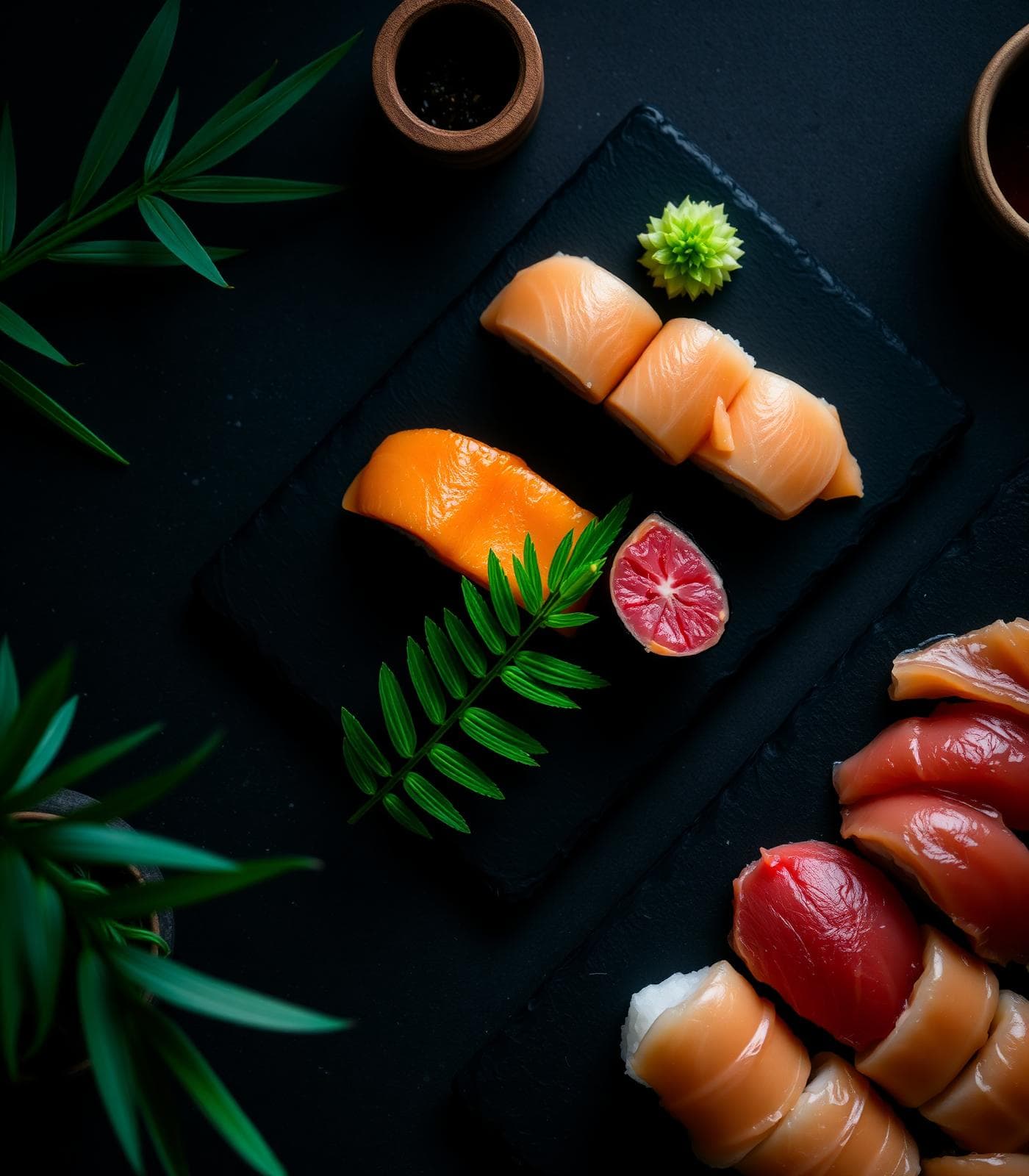 Sushi mit Lachs-Nigiri auf dunklem Schiefer